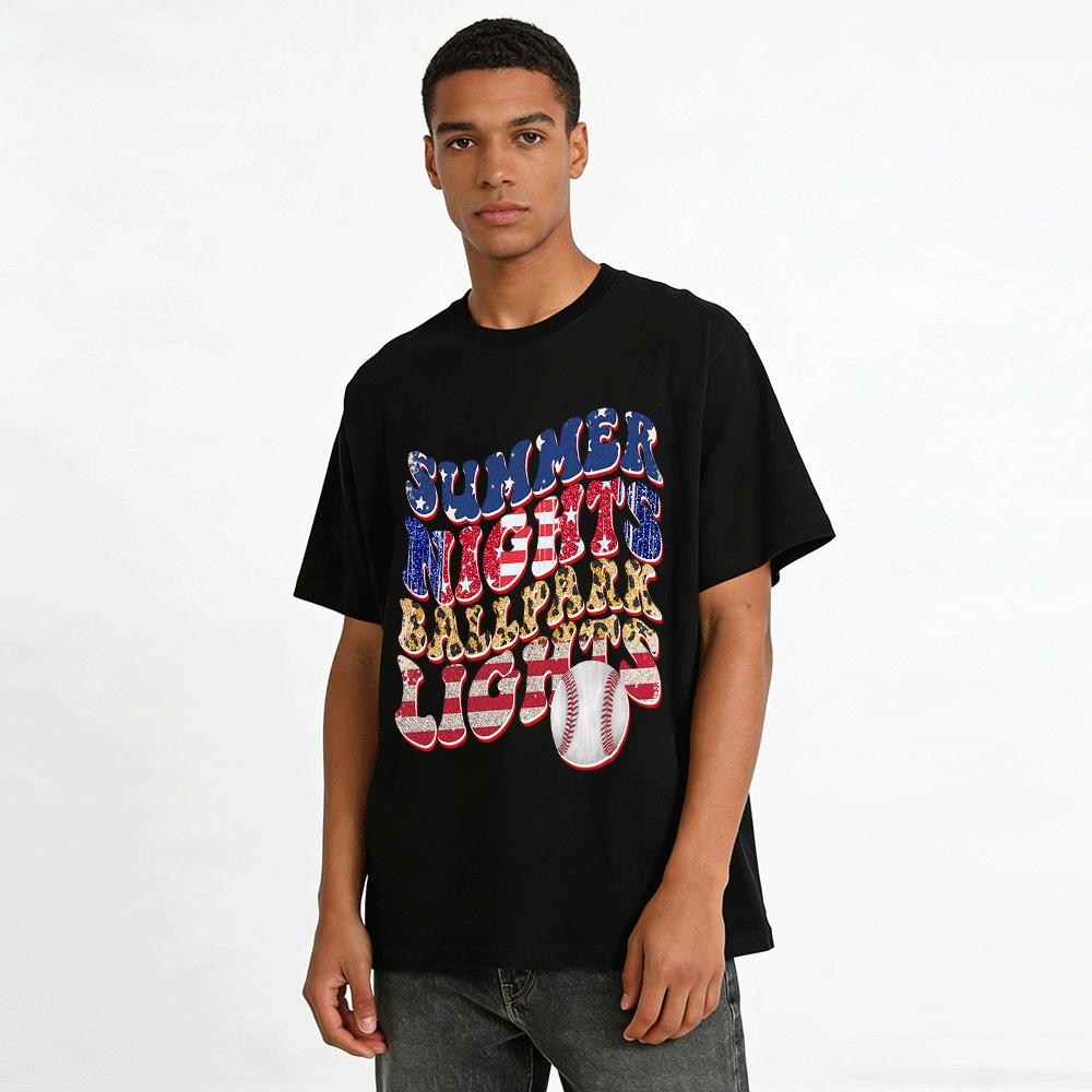 Summer Nights Ballpark Lights Graphic Casual Top Pure cotton T-shirt