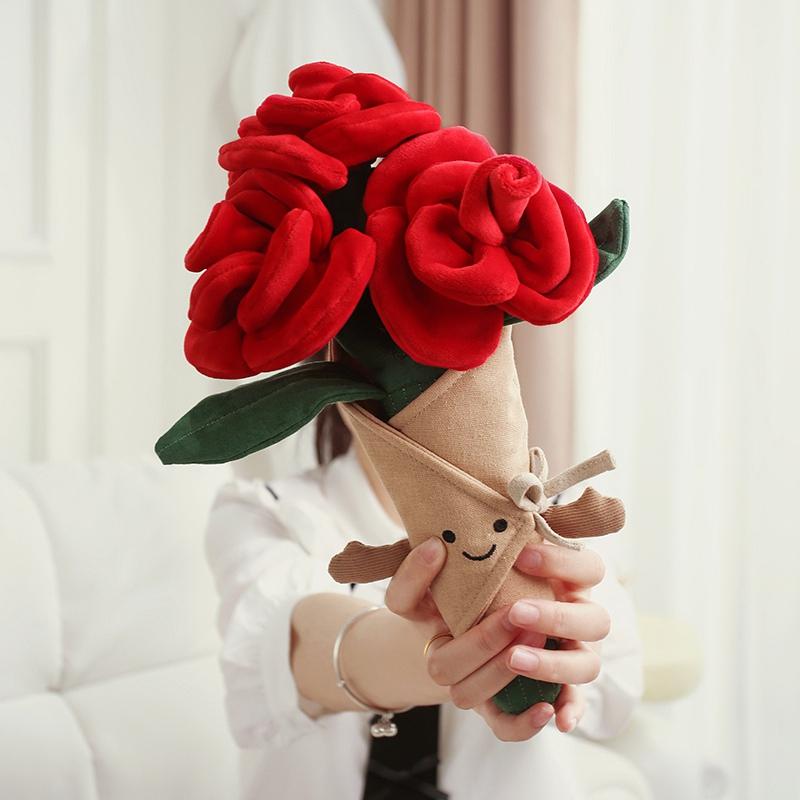 Simulated Tulip Flower Holding Bouquet Valentine's Mothers Day Gift Artificial Rose Flower Girls Christmas Plush Flower Bouquet