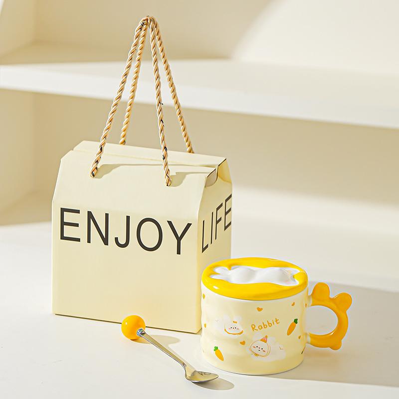 Little Rabbit Cartoon Lid Ceramic Cup Girls High Temperature Resistant Mug Cute Creative Water Cup Office Small Gift Cup