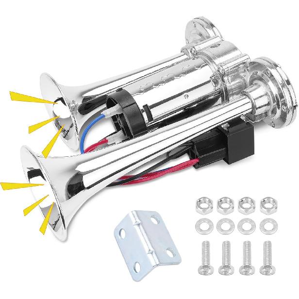 12V 600DB Upgraded Air Horn Dual Trumpets, Super Loud Train Electric Horn Kit with Air Compressor Compatible with 12V vehicles Trucks Trains Boats