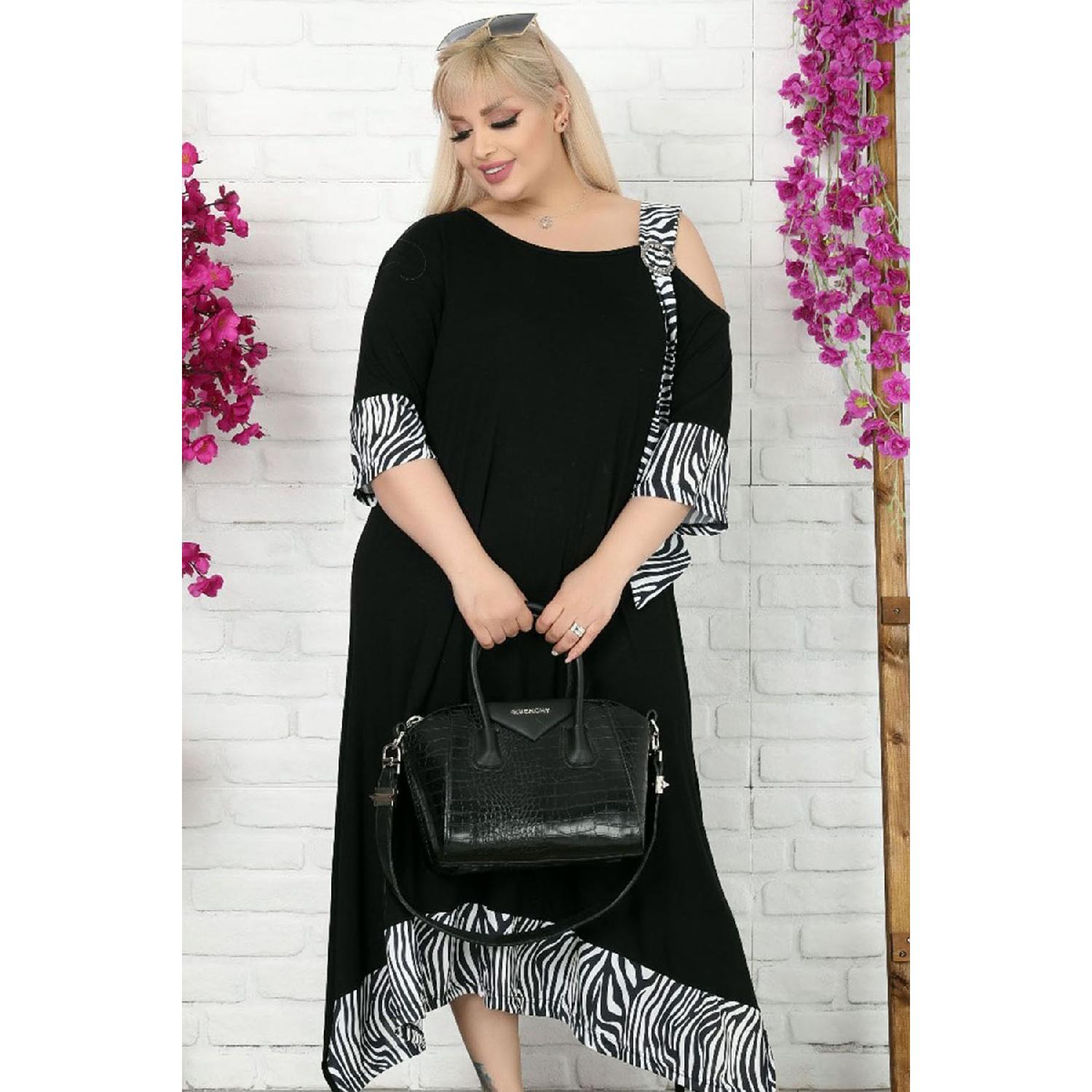 

Shoulder -cut Buckle Zebra Pattern Lycra Asymmetric Stylish Dress 42-44 чорний