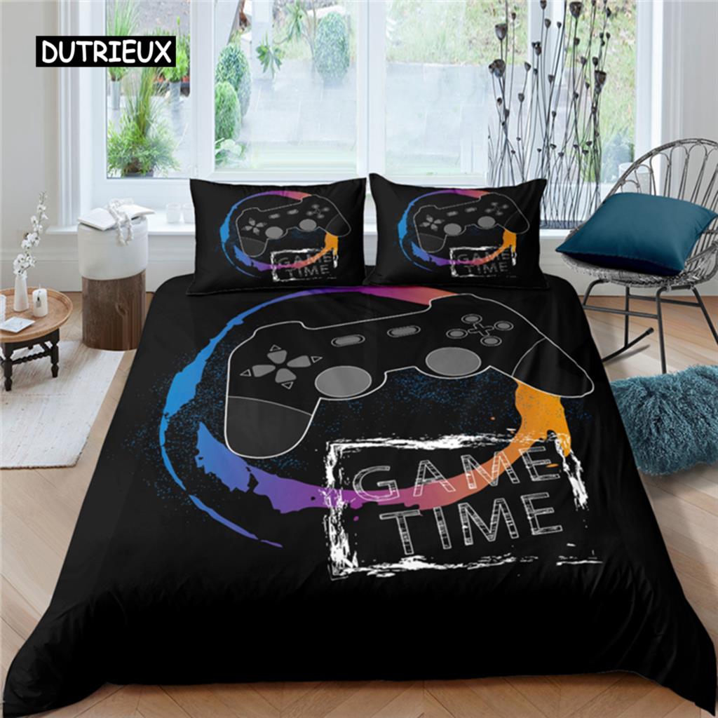 Set de lenjerie de pat cu gamepad, mărime queen, husă de plapumă neagră creativă, set husă de plapumă din poliester, lenjerie de pat 2/3 piese