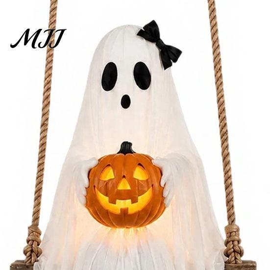 Seasonal Room Ornaments Halloween Lighted Ghost Swing with Glowing Pumpkin, Hanging Spooky Decor Decorative Cloth Party Props for Porch Yard,
