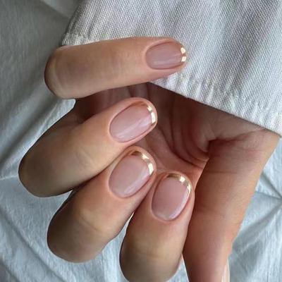 24 Pezzi Unghie Corte French Bordo Oro Indossabili Unghia Corta MINI Pezzo di Unghia Nuova Unghia Falsa Rimovibile