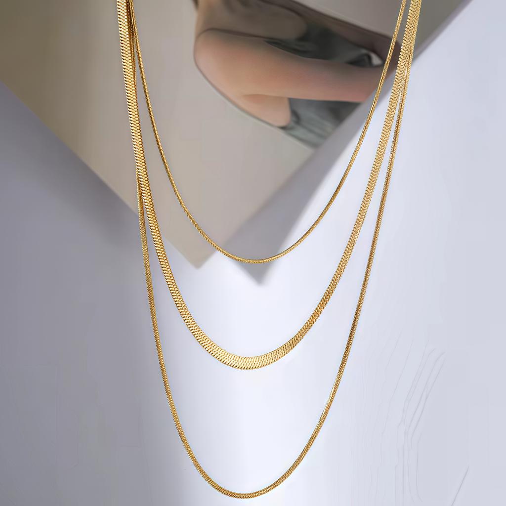 18K Gold Plated Stainless Steel Flat Snake Herringbone Layering Necklaces For Women Girl Waterproof Layered Chains Jewelry