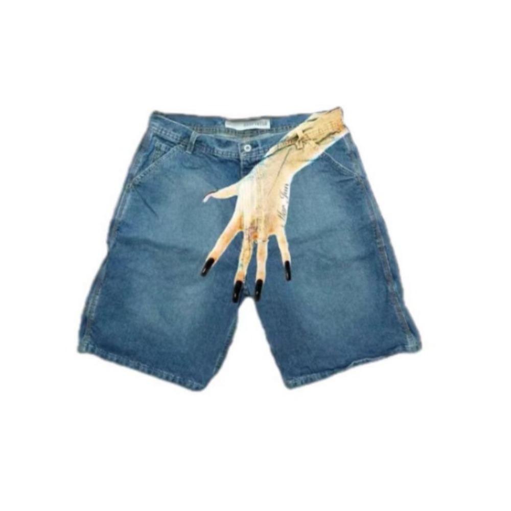 

RogueWave Y2k Джинсовые шорты с принтом рук, винтажные, мешковатые, уличная одежда, джинсовые шорты, корейские шорты, карго, харадзюку, корейские, джинсовые, синие XXL