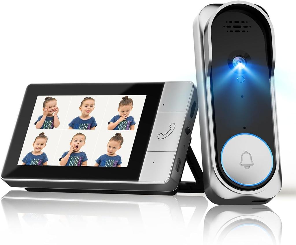 No Installation Wireless Video Door Phone with Camera and Automatic Night IP65 Waterproof Required, Handset, Two-Way Calling, Recording, Vision,