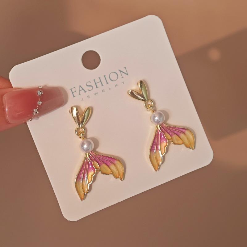 Love pearl purple gradual change fishtail stud earrings niche unique earrings princess style earrings