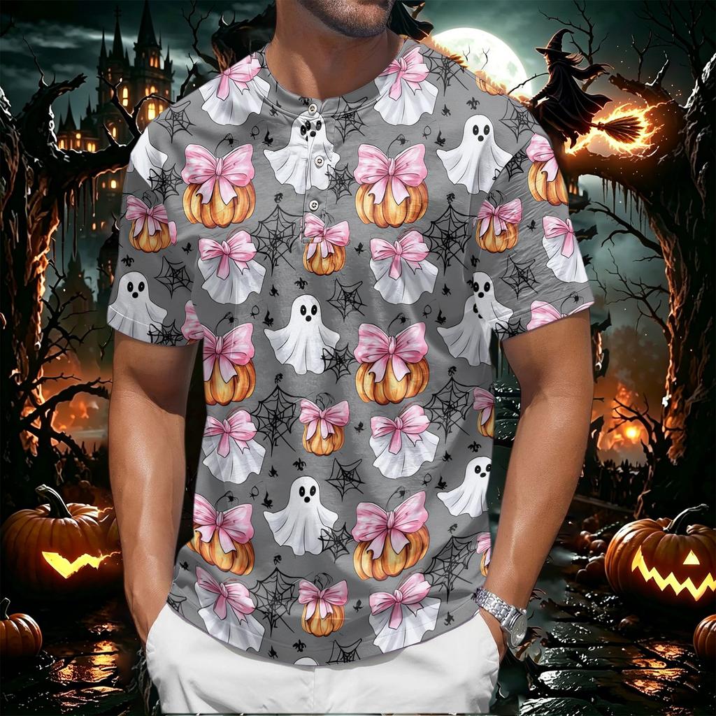 Men's Halloween Spider Web Print Short Sleeve Henley Shirt Casual Round Neck Button Front Top