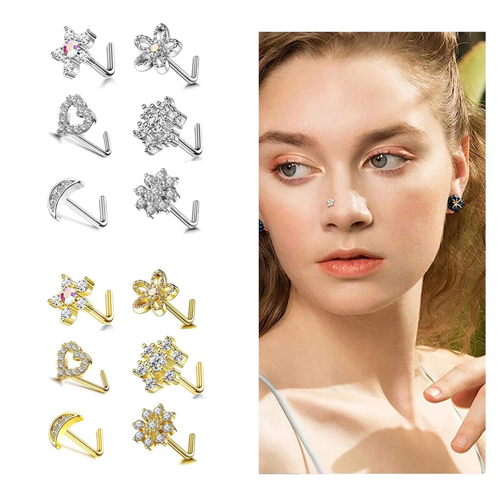6Pcs 20G Stainless Steel L Shaped Nose Rings Hypoallergenic Flower Heart Star Nose Studs Piercing Jewelry Gift for Women
