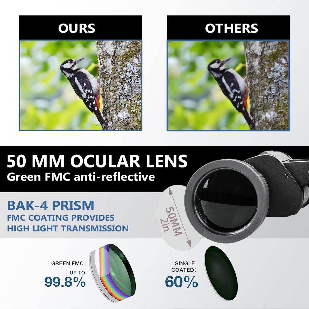 10x50 Binoculars Fmc Coating Telescope Bak4 Prism Ipx4 Waterproof Portable For Camping Hiking Concert Bird Watching