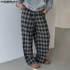 INCERUN Men Casual Loose Elastic Waist Plaid Print Wide Legs Pants Long Trousers
