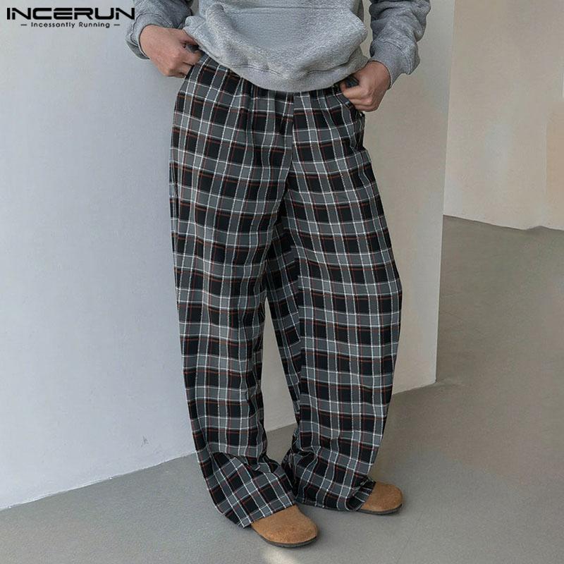 INCERUN Men Casual Loose Elastic Waist Plaid Print Wide Legs Pants Long Trousers