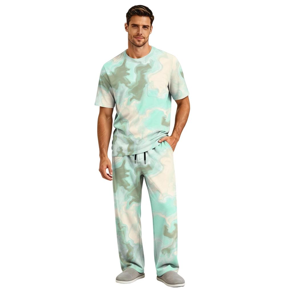 Men's Home Pajama Set, Short Sleeve Top and Long Pants with Button Fly and Drawstring Waist