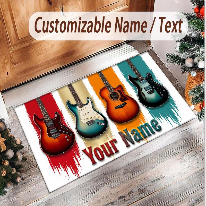 Music Guitar Theme Soft Crystal Velvet Rug Custom Name & Text Print Non Slip Floor Rug for Bedroom Living Room