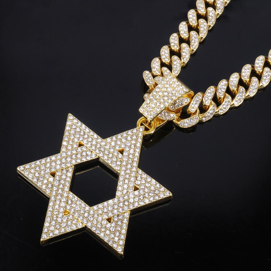 Hip Hop Alloy Necklace Trendy Full Rhinestone Hollow Star of David Pendant European American Rap Street Fashion Accessories