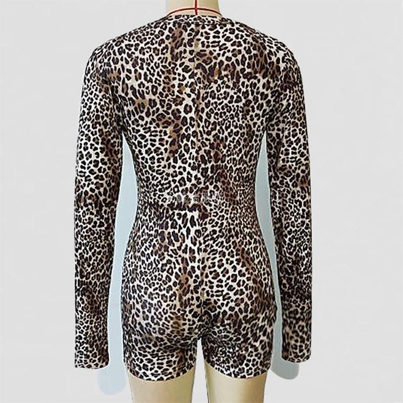 Damen Frühling Rundhals Einfachknöpfig Leopardenmuster Sexy Slim Jumpsuit