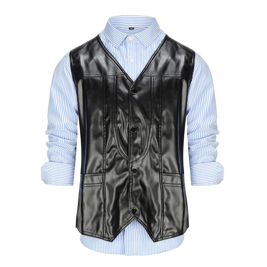 Frühling und Herbst Herren Strickjacke Mode Urban V-Ausschnitt PU Leder Weste Herrenweste