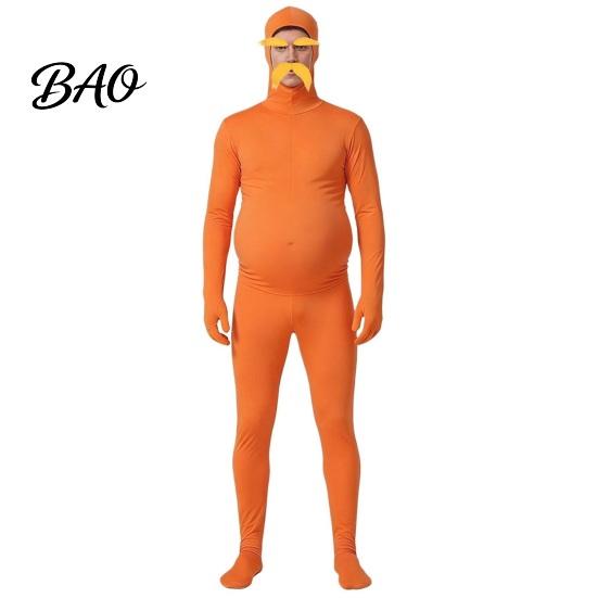 Skin Friendly Party Outfit Orange Full Bodysuit for Kids Adults, with Belly, Yellow Mustache & Eyebrows, Body Zentai Suit Men Women Open Face