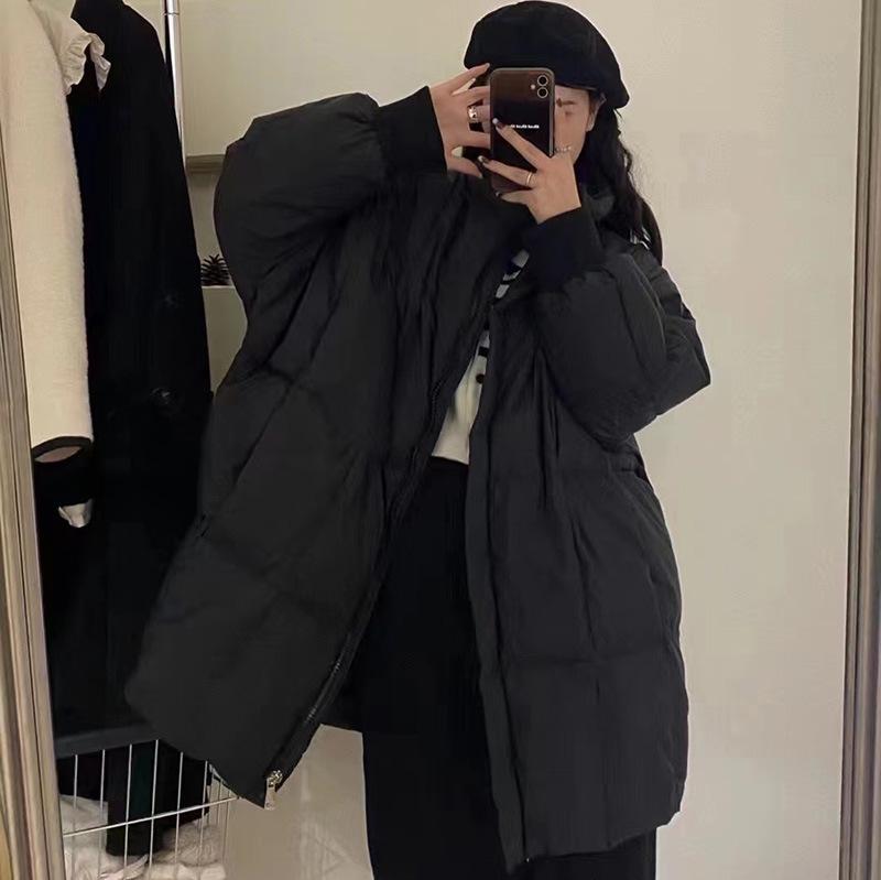 bat sleeve medium and long down jacket women's high-end stand-up collar white duck down winter loose and thin jacket large size