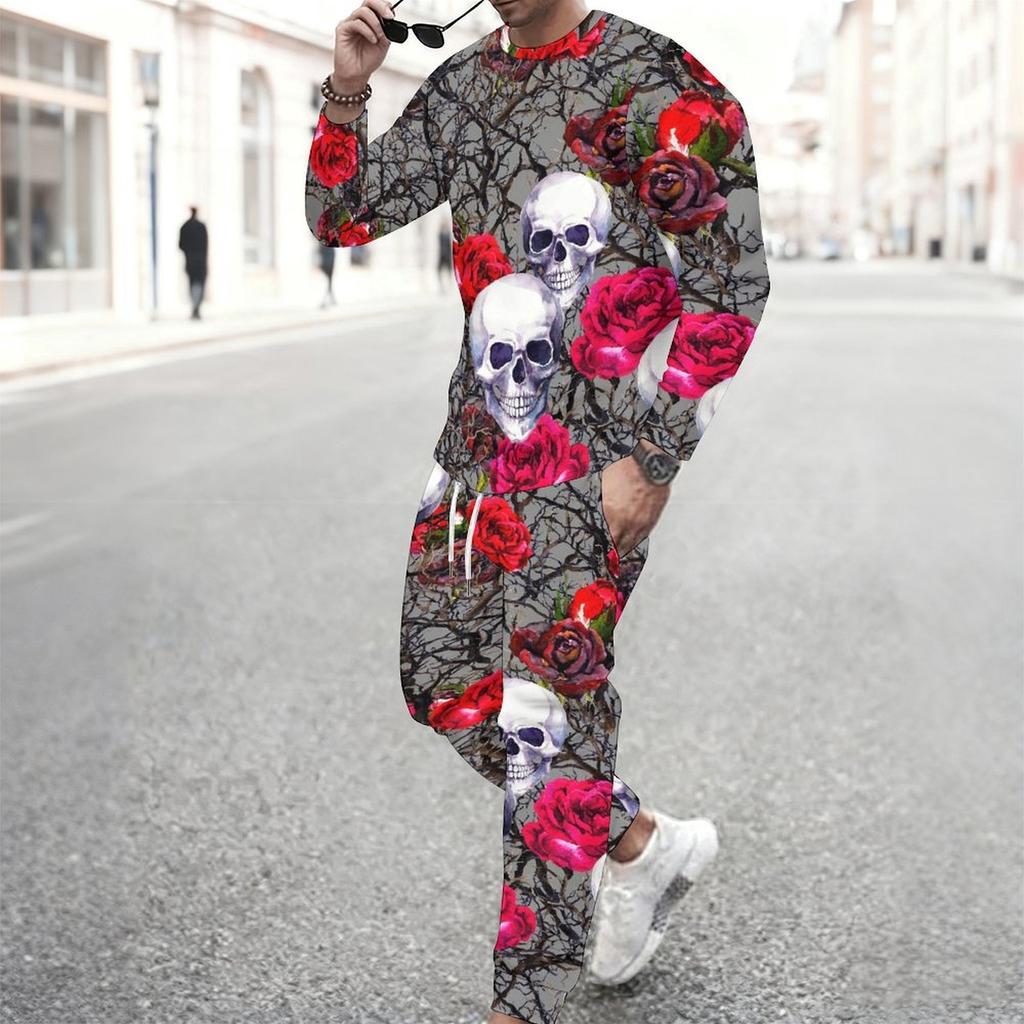 Men Contrast Panel Rose And Skull Art Print Long Sleeve Sweatshirt Jogger Pants Two Piece Suit