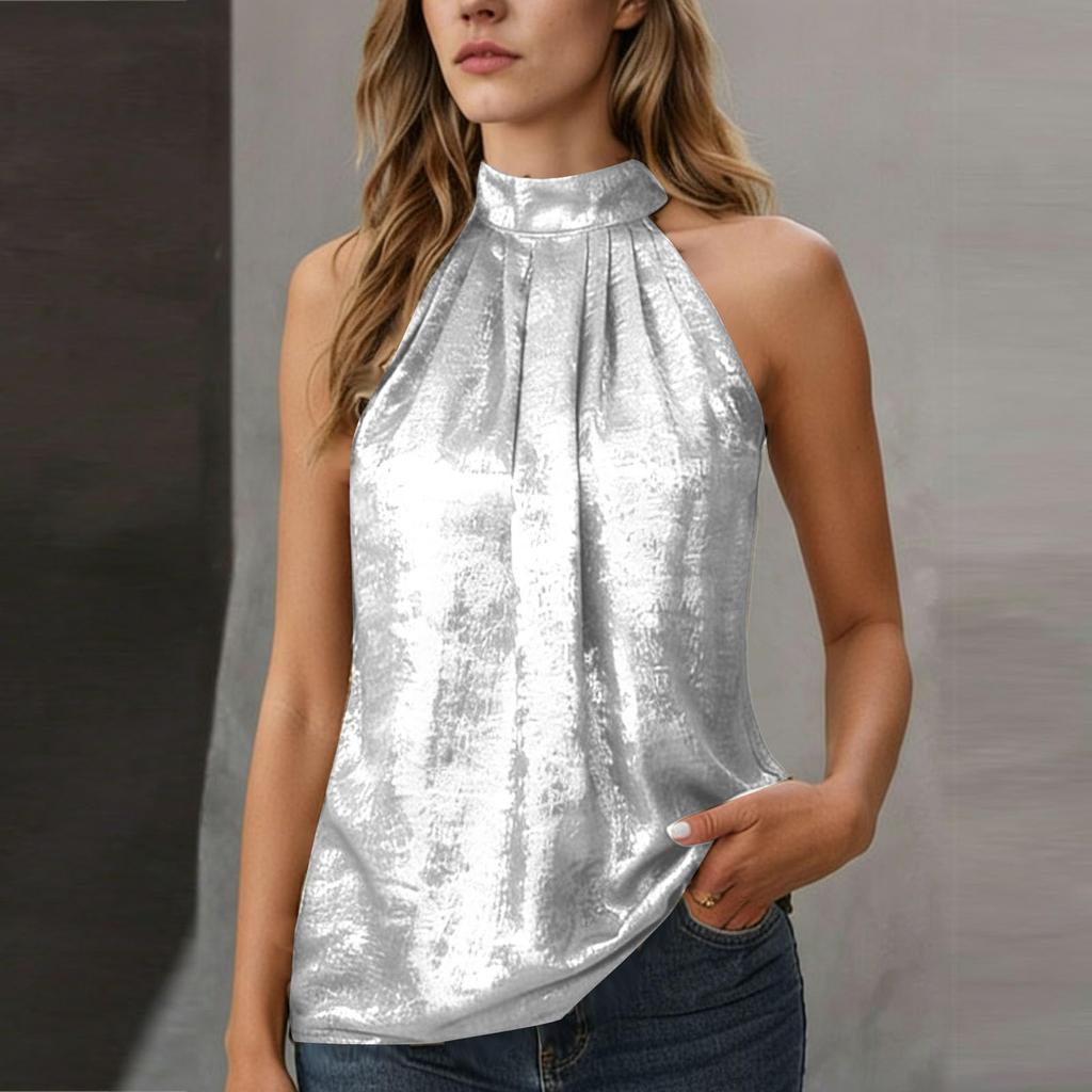 Women's  Fashion Party Shirts Pleated Turtleneck Shirt Sleeveless Tank Tops