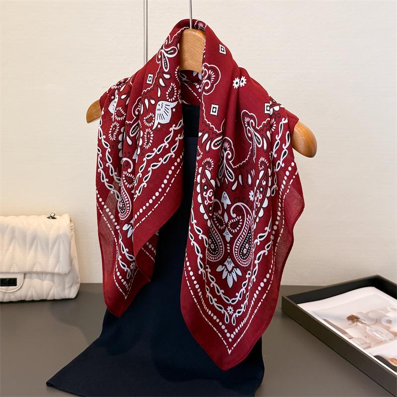 Exotic retro herringbone cotton-linen small square scarf, faux velvet shawl, sun-protective neckerchief for women