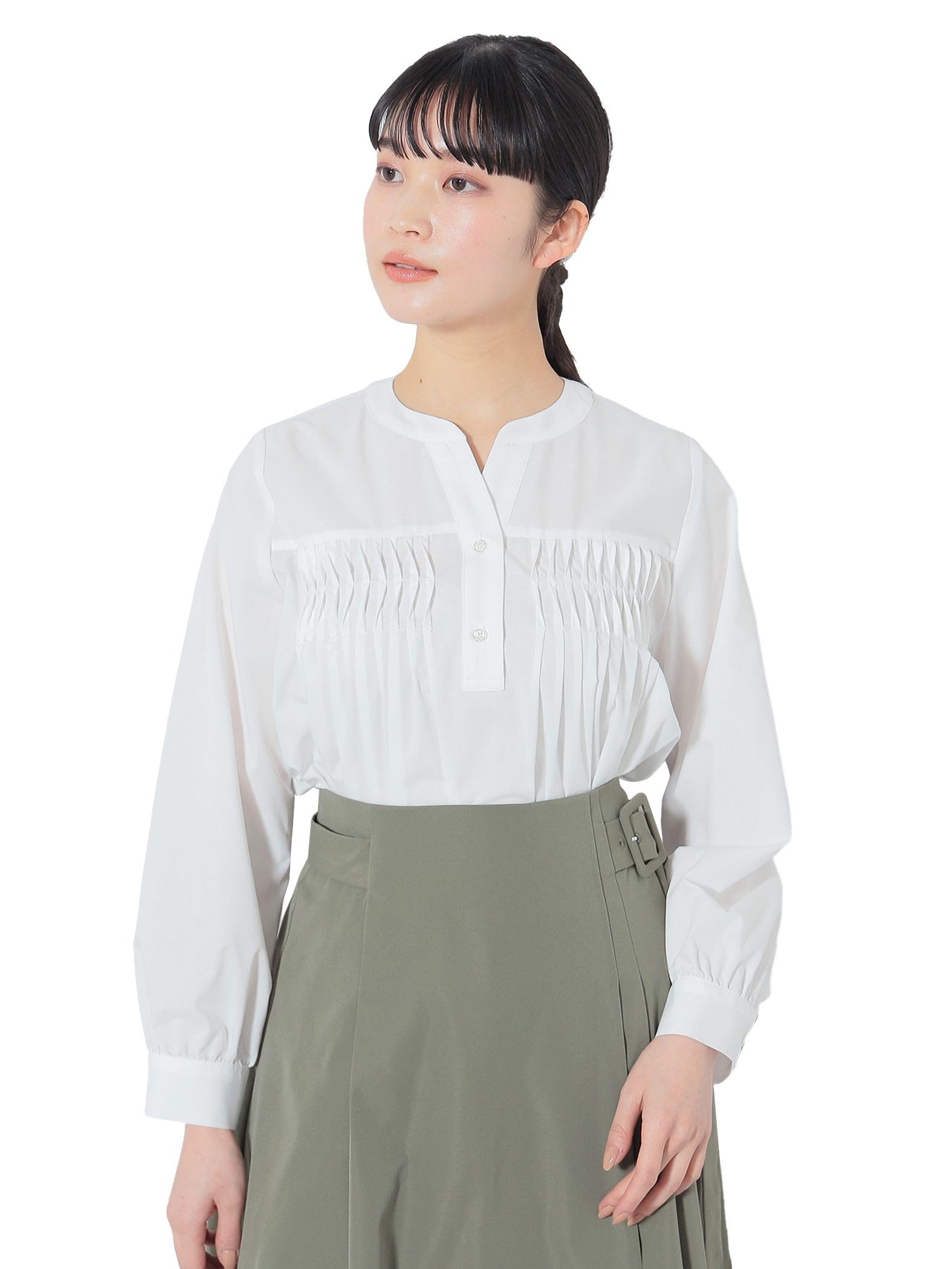 

Shirt Deformed Tuck Collarless Blouse ONE SIZE [Beams Heart] L/S Women s OFF_WHT