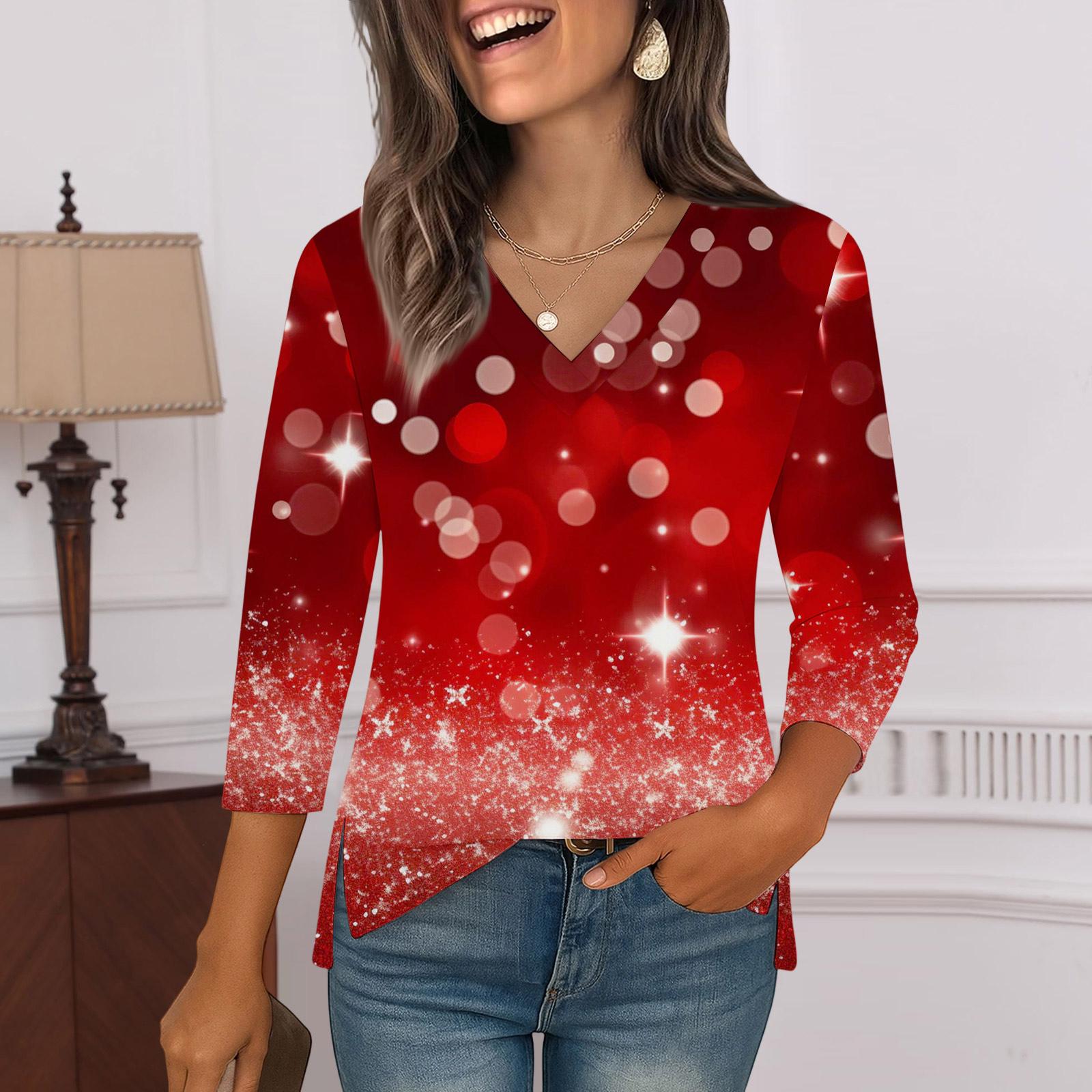 

3/4 Sleeve Shirts For Women Print Graphic Tees Blouses Casual Plus Size Basic Tops Pullover XL красный