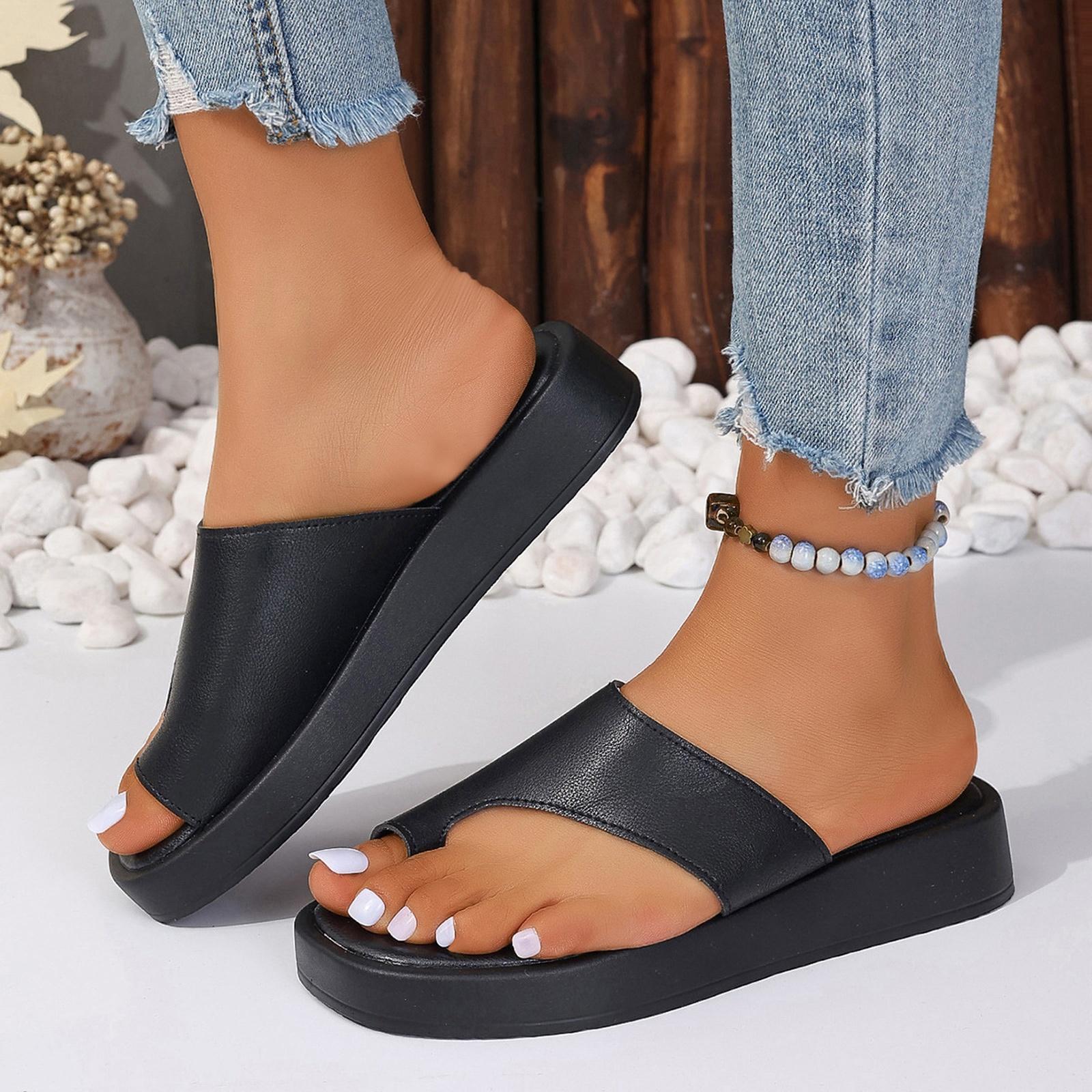 Cross-Border Plus Size Summer Toe-Loop Sandals Women Solid Color PU Sole In-Stock 39