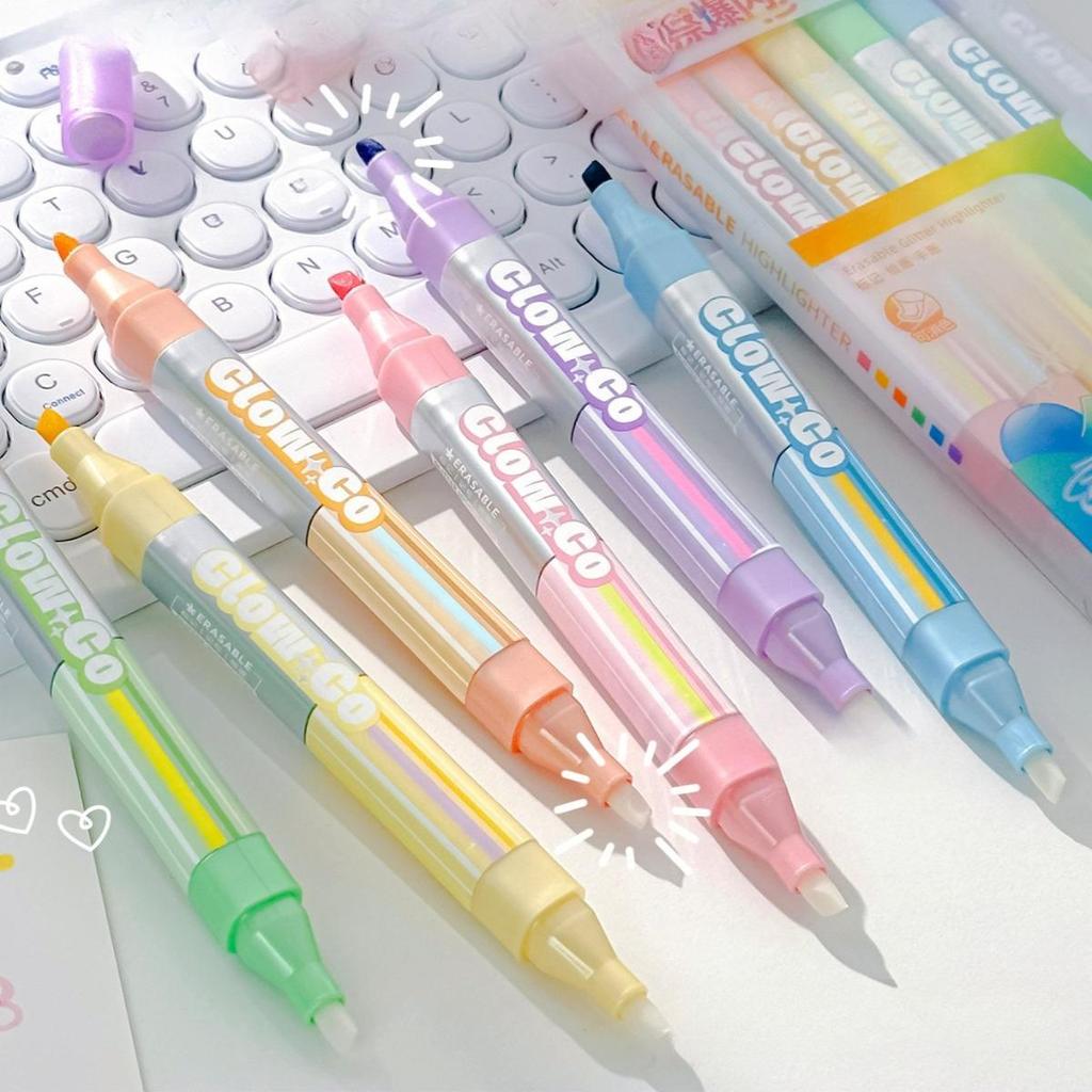 6pcs Dual-Tip Highlighters Set Erasable with Eraser & Glitter Tips Soft Highlighter for Journaling & Marking