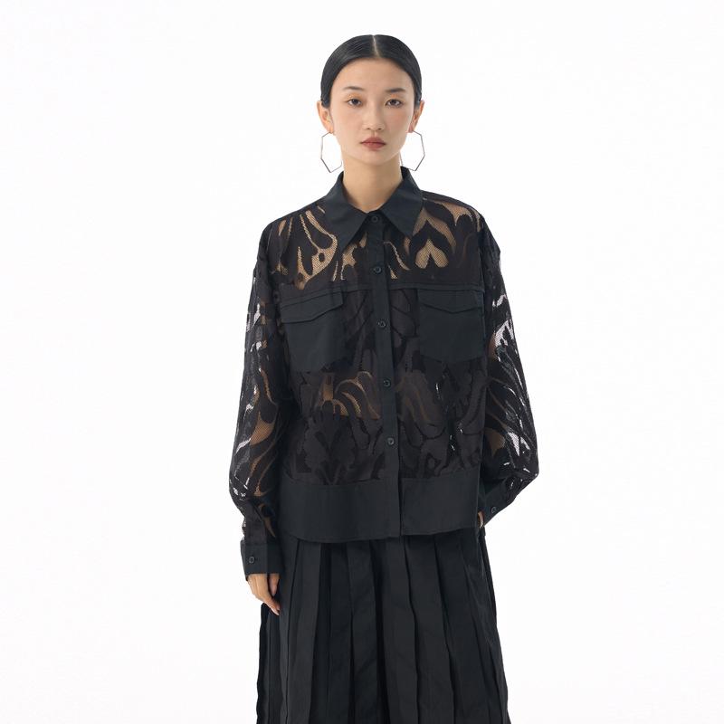 2025 Retro Jacquard Lace Lightweight Luxury Shirt - Spring/Autumn Loose, Versatile See-Through Top One Size белый