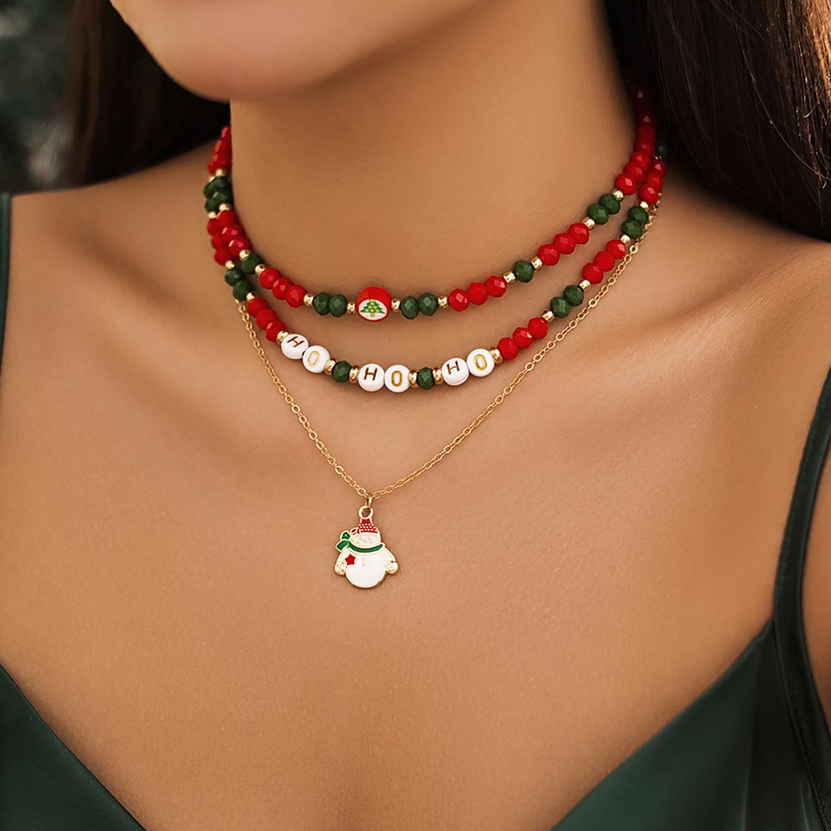 Korean Cute Red/Green Crystal Beaded Clavicle Necklace Fashion Metal Christmas Tree Snowman Pendant Necklace Christmas Jewelry