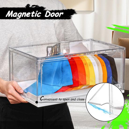 Cap Box Organizer Transparent Design Hat Holder with Sliding Tray Stackable Storage Case with Magnetic Door