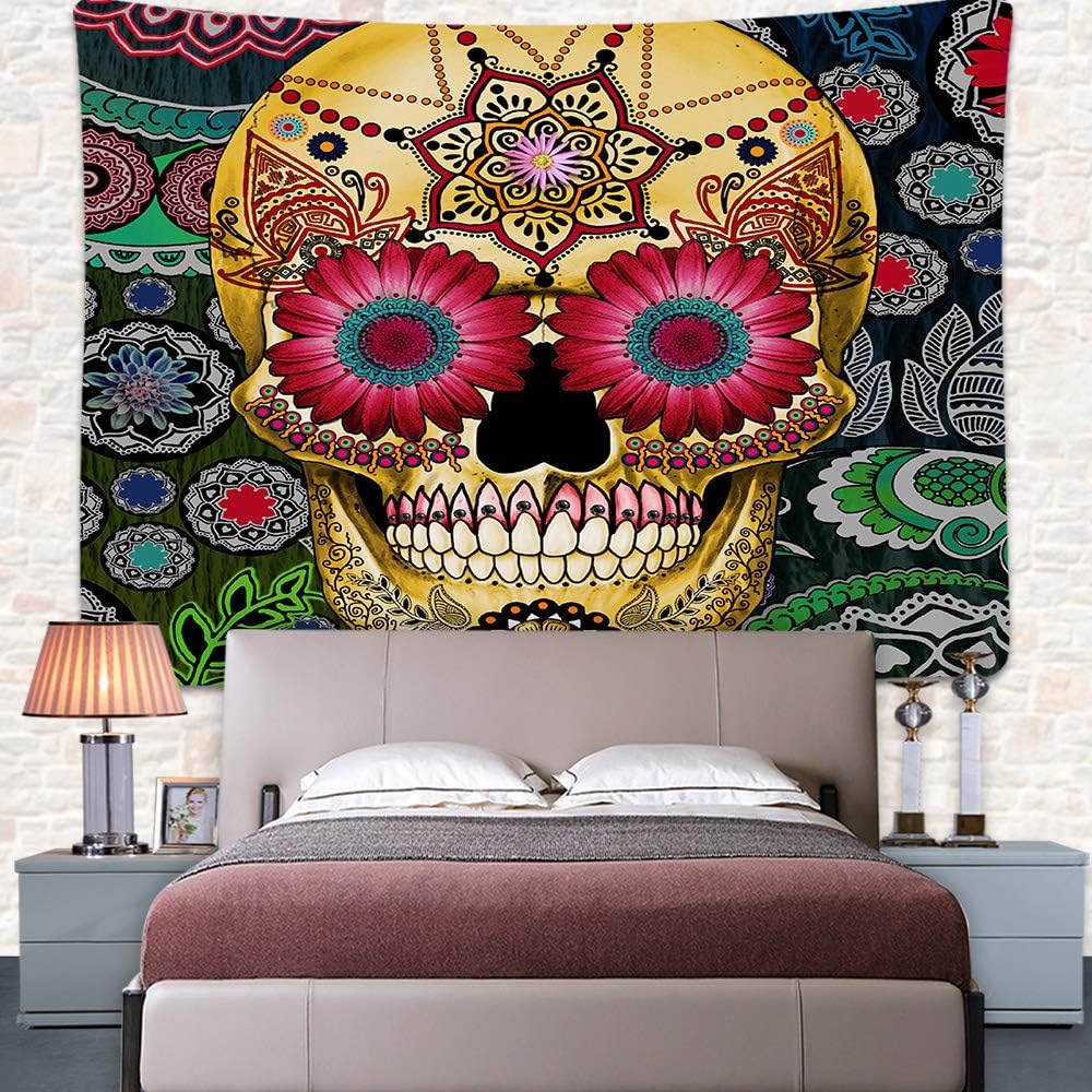 

UHOMETAP Гобелен Сахарный череп, Тема День мертвых Настенное искусство Богемный Череп с цветами Домашний декор Гобелены для спальни гостиной общежития офиса