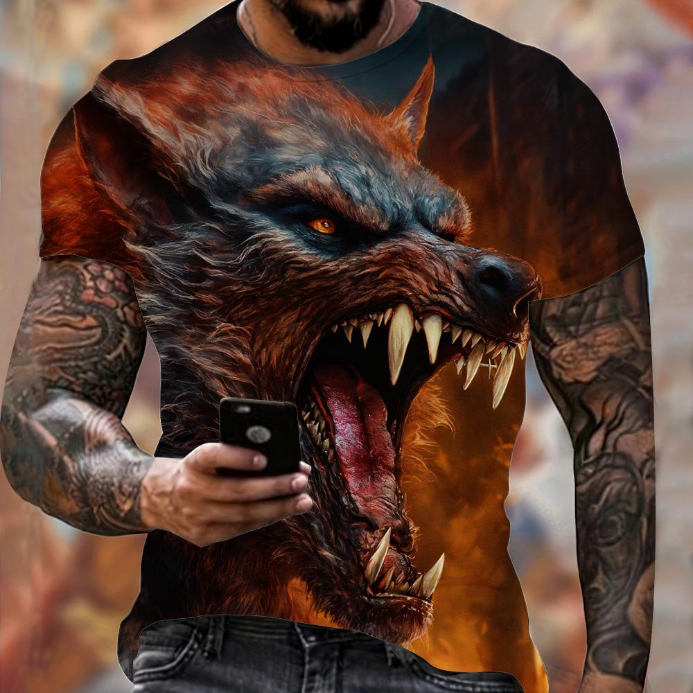 Summer Men's Lightweight Fitness Sports T-Shirt Cool Fire Wolf Graphic 3D Print Short Sleeve Casual Loose Streetwear Men's Tops