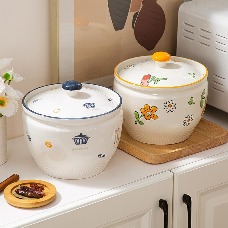 2.5L Extra Large Lard Jar Ceramic High Temperature Resistant Pepper Household Rice Jar with Lid Kitchen Pickles Seasoning Jar