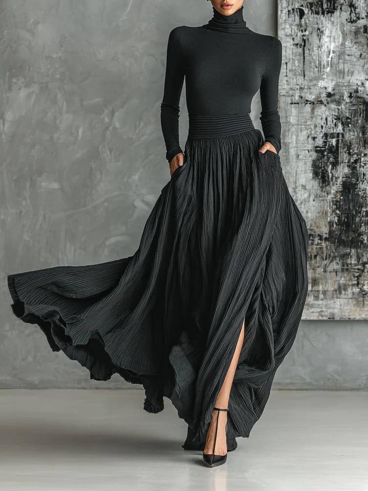 Womens Black High Neck Long Sleeve Top with Pleated Midi Skirt Set