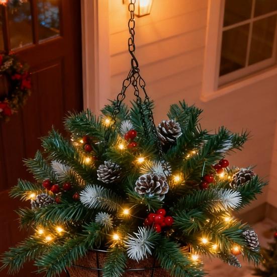 Pre-Lit Christmas Hanging Basket Artificial Greenery Basket with Pine Cones Red Berries Outdoor Hanging Planter with LED Light for Porch Door Decor