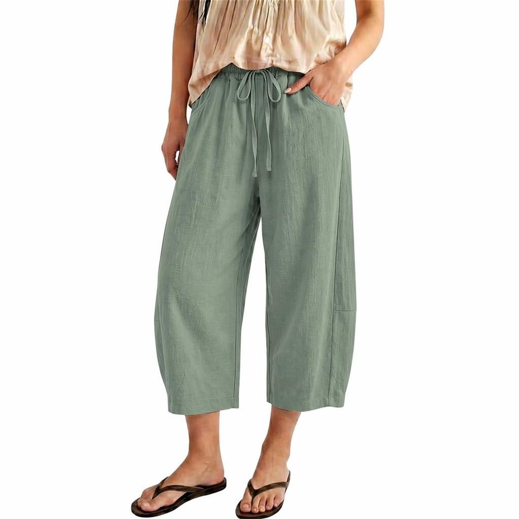 Women's Short Linen Flared Pants With Drawstring, Wide-Leg Cotton Cropped Pants
