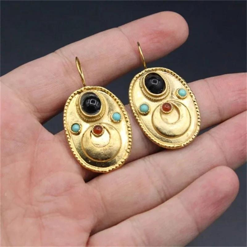Ethnic Gold Color Oval Inlaid Red Blue Black Stone Earrings Vintage Metal Die Cast Pattern Hook Dangle Earrings