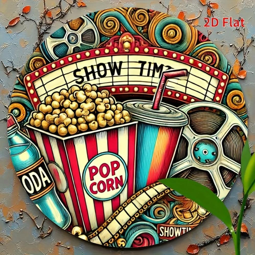 Vintage Cinema Popcorn Printed Circular Metal Tin Sign Retro Wall Art for Garage Cafe Bar Living Room Durable Rustic Decor