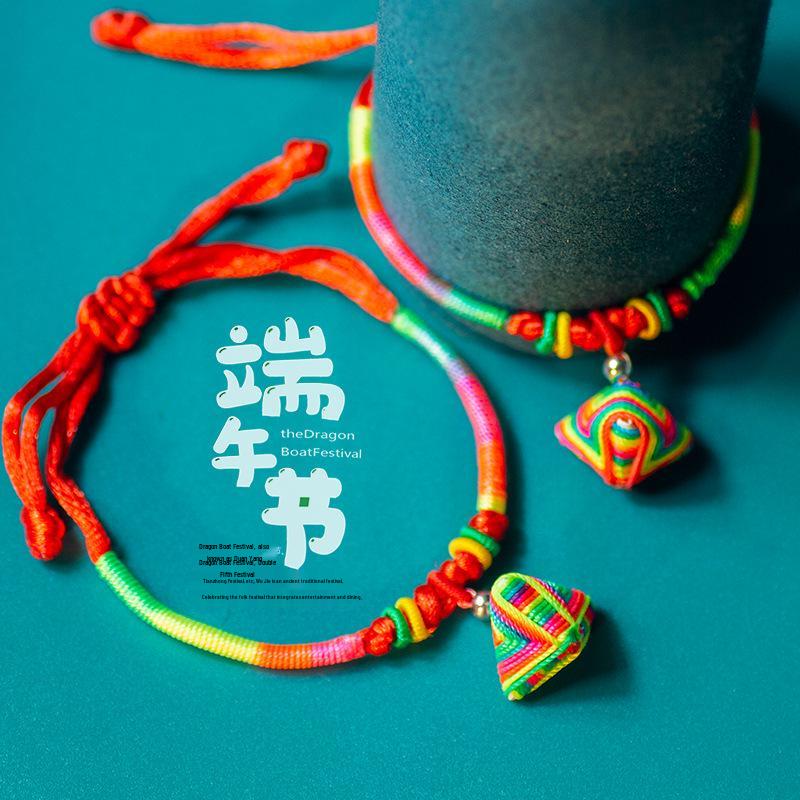 Traditional Dragon Boat Festival Hand-Woven Five-Color Thread Bracelet with Mini Zongzi Charm