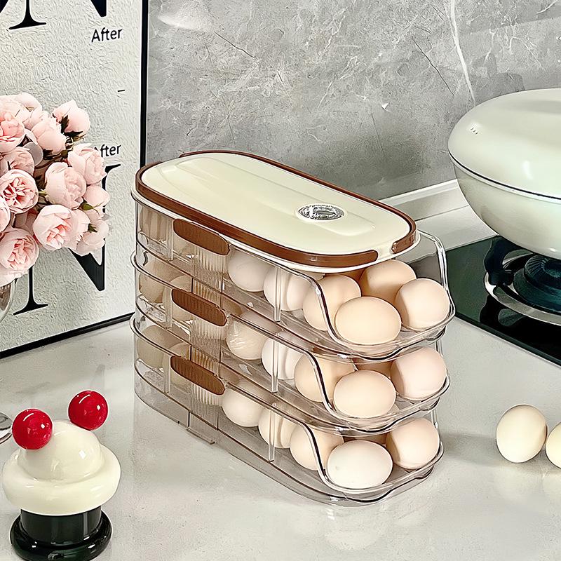 Timed Egg Rack: Portable Multi-Layer Slide-Type Storage for Refrigerator.