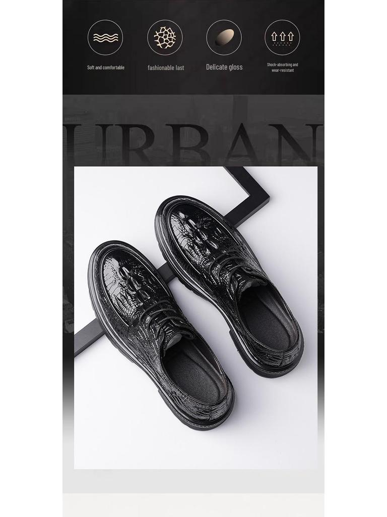 Men's Formal Casual Leather Shoes - Embossed Crocodile Pattern, Genuine Cowhide, Low-Top for Spring Workplace.