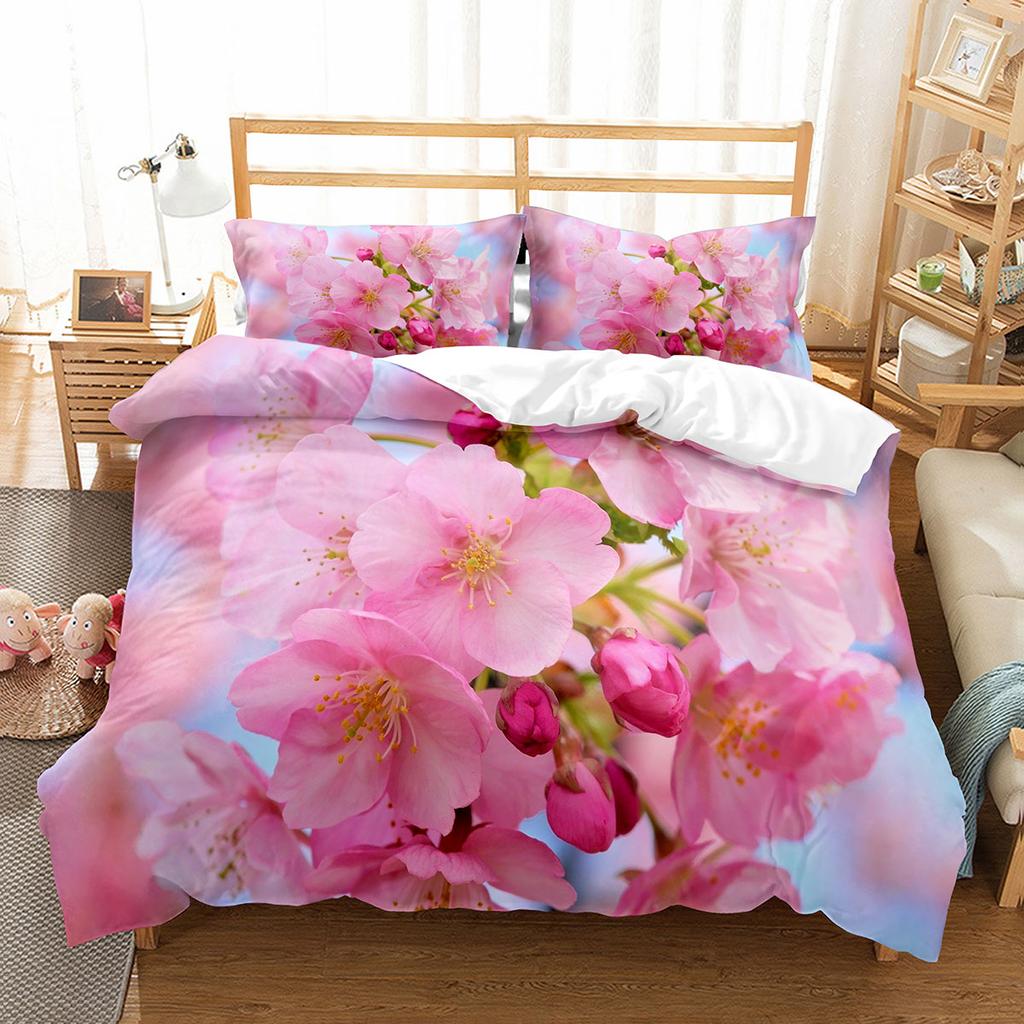 Kirschblüten-Bettbezug-Set, King-Queen-Größe, rosa Blumen-Polyester-Bettbezug für Kinder, Teenager, Erwachsene, Bettwäsche-Set