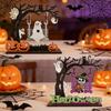 Halloween Wooden Tabletop Decoration with 3D Pumpkin and Ghost Figures On Tree Swing for Seasonal Home Display and Office Ornament
