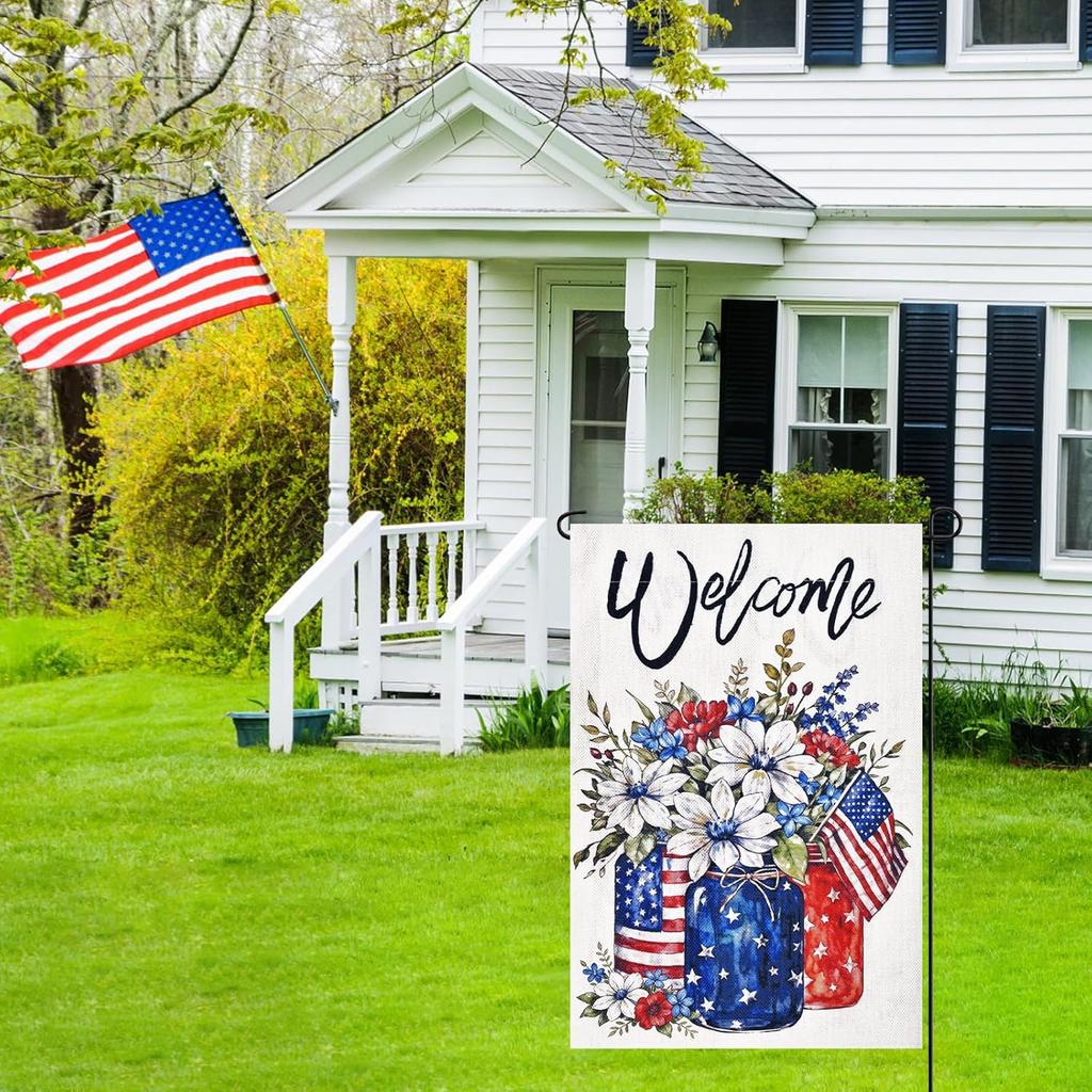 12 x 18 Inches Patriotic Floral Welcome Garden Flag - Double Sided Mason Jar Flowers and American Flag Printed Holiday Yard