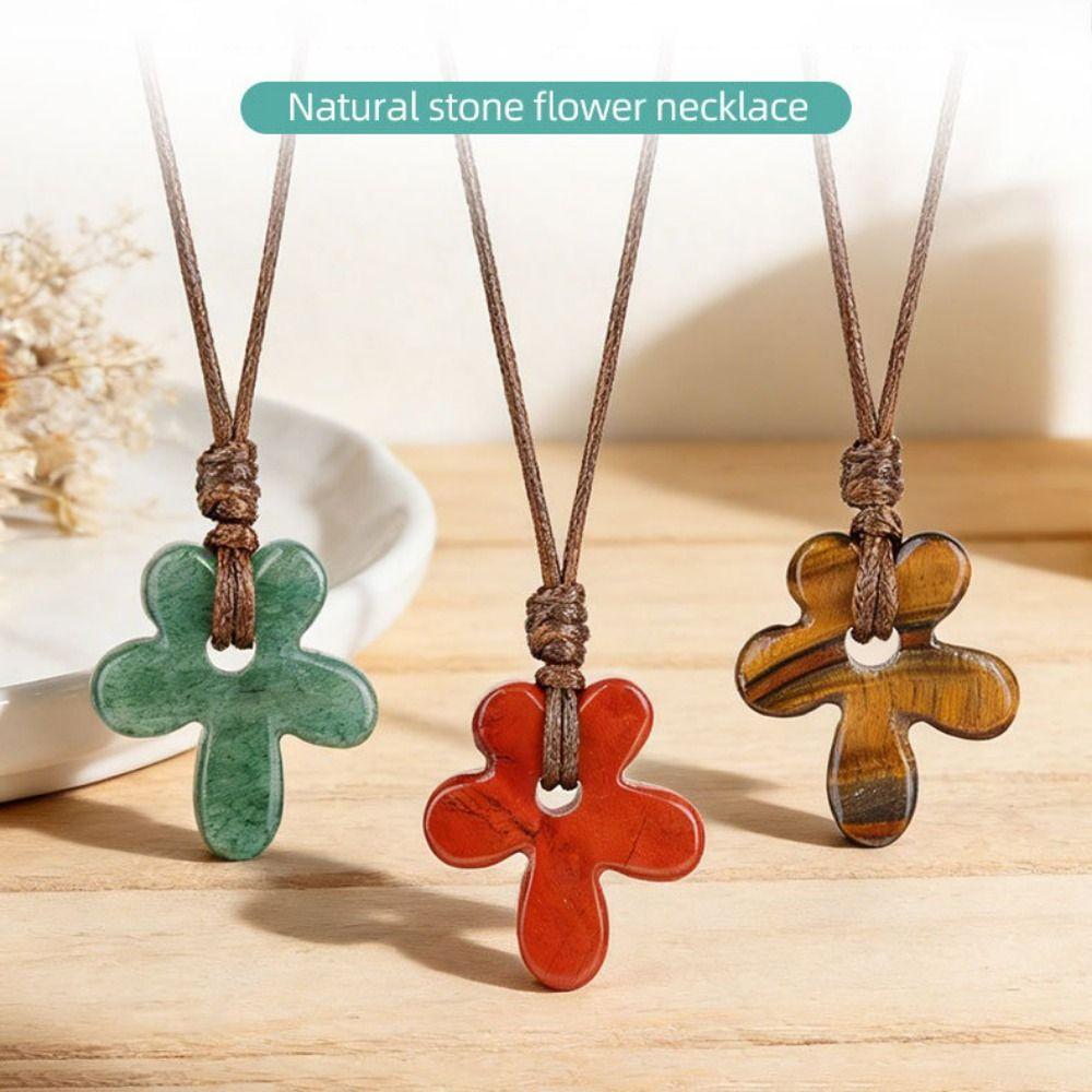 Semi-Precious Agates/Amethyst Necklace Five-Petal Pendant Necklace  Birthday Gifts