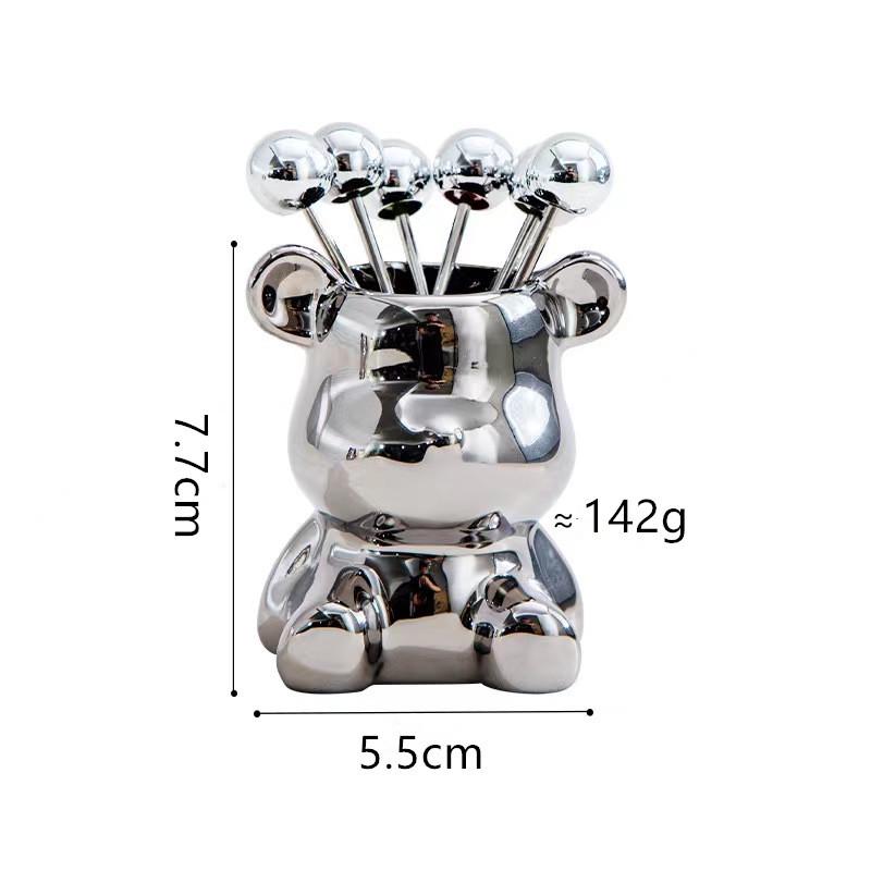 Ceramic Bear Jar with Stainless Steel Fruit Forks - Light Luxury Cutlery Set